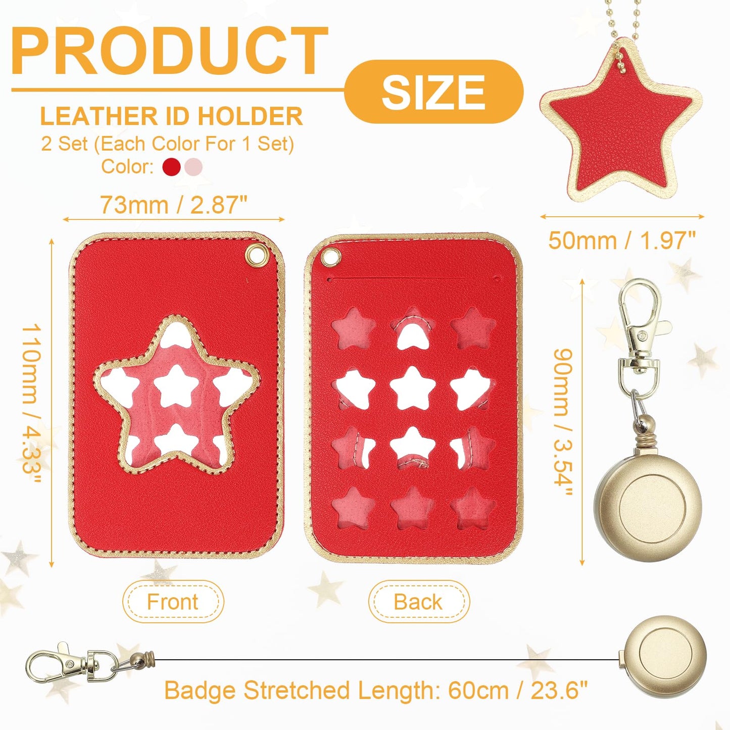 PATIKIL Retractable Badge Holders, 2 Pcs Cute Leather ID Holder with Badge Reels Keychain ID Card Clip Protector Cover for Women Work Office Business Trip, Pink/Red