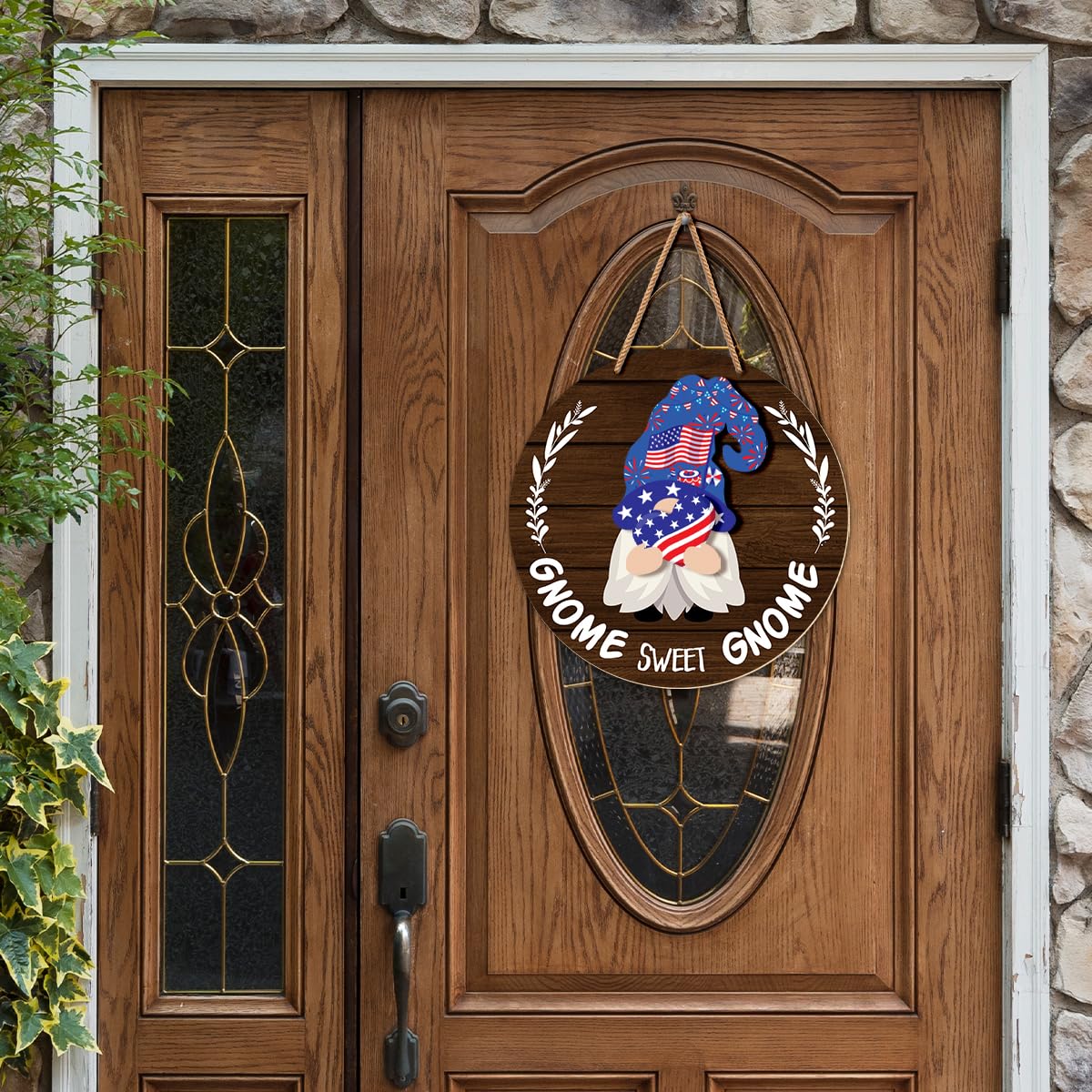 Interchangeable Gnome Welcome Sign Summer Patriotic 4th of July Door Decoration, Changeable Front Porch Decor Wood Wreath Gnomes Gifts for Spring Fall Winter All Seasons Holiday, Antique Brown