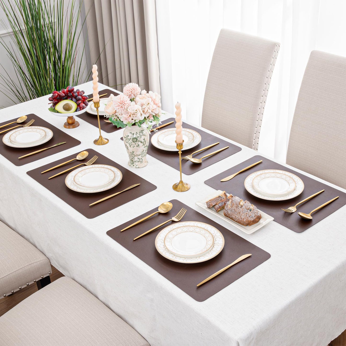 SHACOS Placemats Set of 6 Faux Leather Waterproof Leakproof Wipeable PU Non-Slip Vinyl Place Mats Heat Resistant Table Mats for Kitchen Dining Table Indoor Outdoor, Chocolate Brown