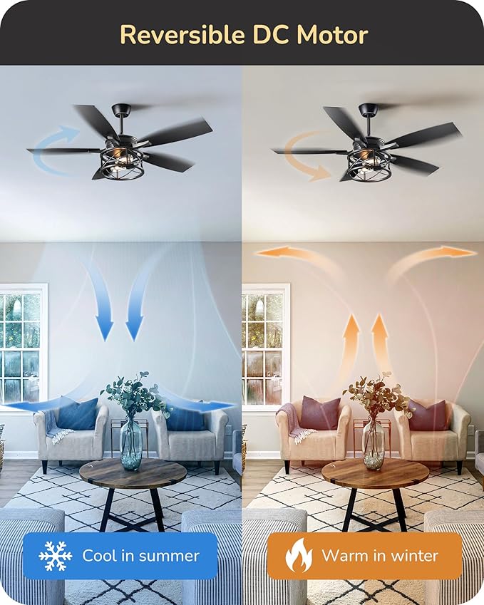 EDISHINE 52" Black Farmhouse Ceiling Fans With Lights, Remote Control, Dimmable, Reversible DC Motor, 5 Wooden Blades Rustic Indoor/Outdoor Ceiling Fan for Living Room Bedroom Porch