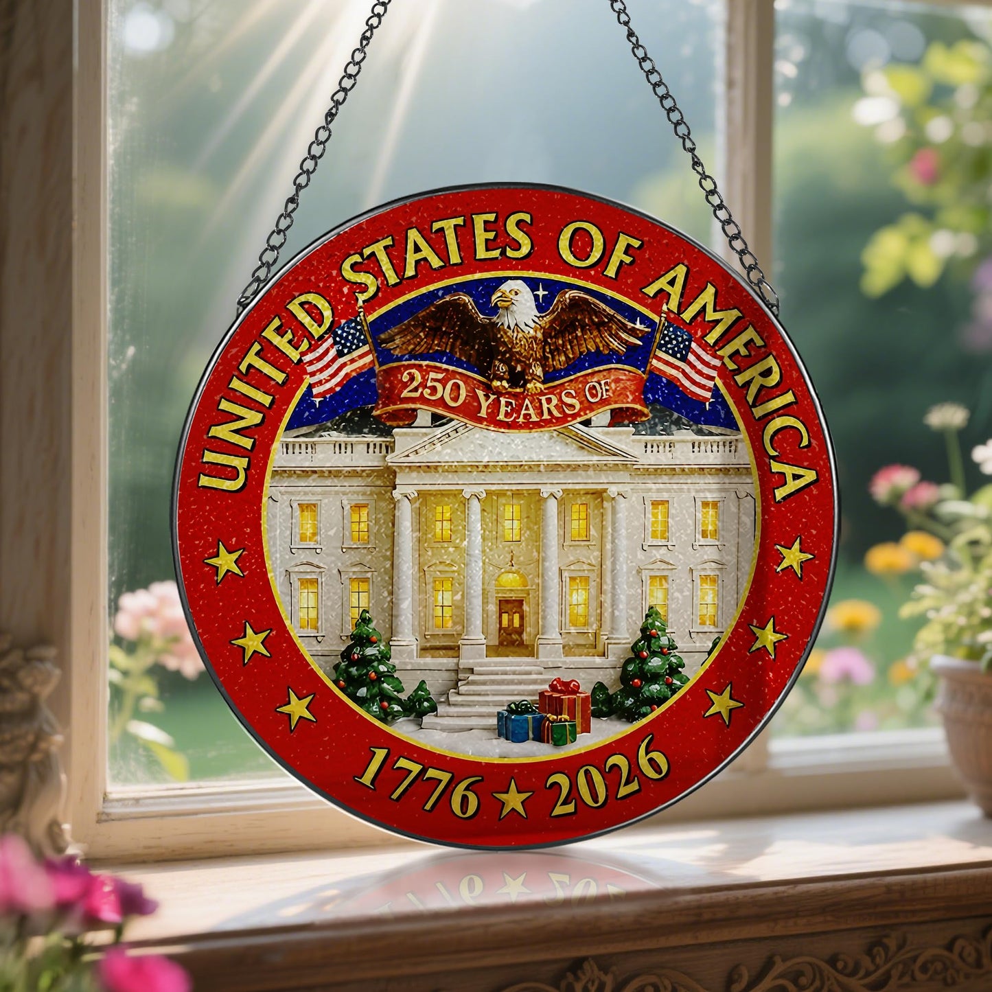 250 Years of America Stained Glass Suncatcher, Stained Glass Window Hanging & Decor, 1776-2026 US 250th Anniversary Ornament, Patriotic Ornament, American Independence Day Gift, July 4 Decor