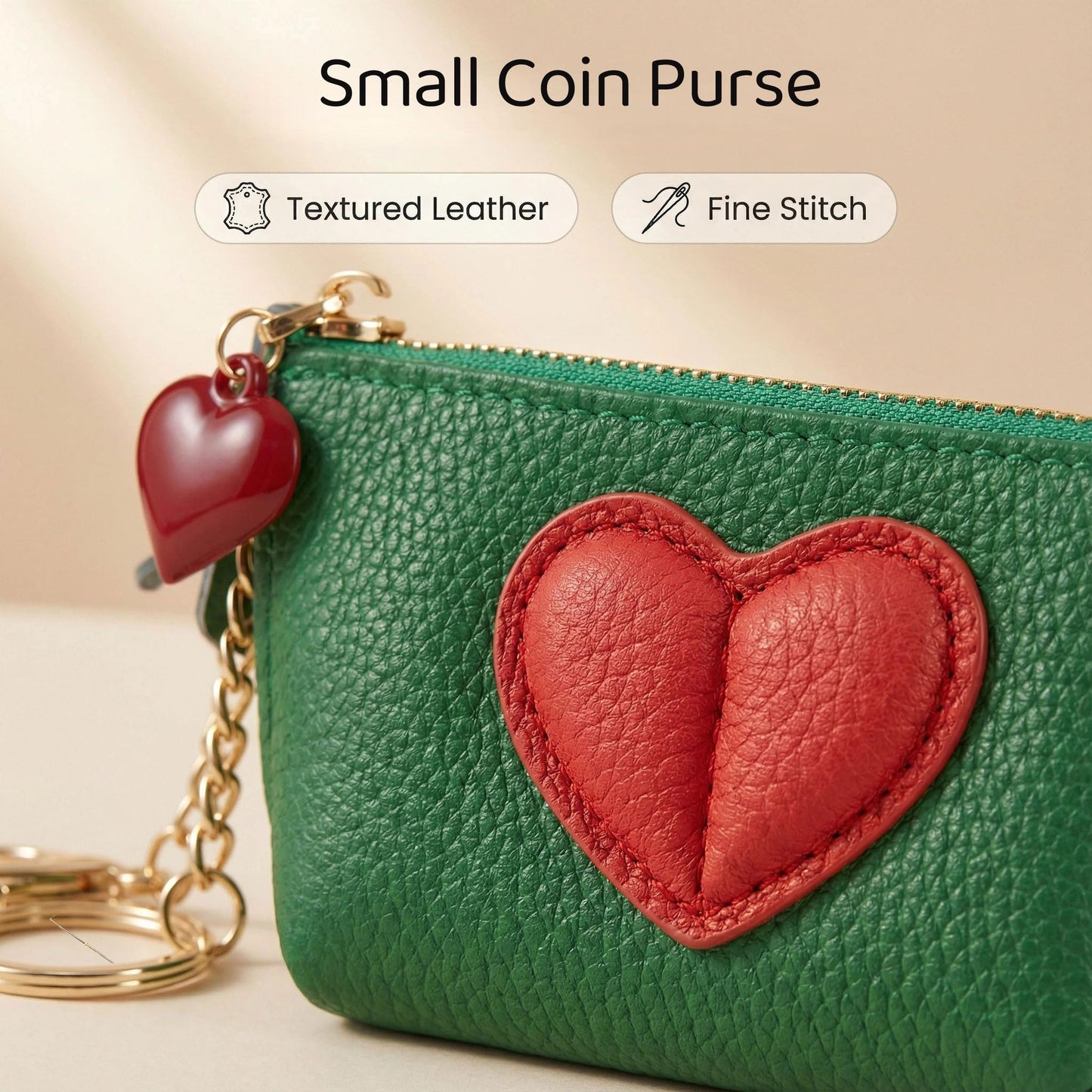 Red Heart Design Small Coin Purse - Cute Compact Keychain Change Purse Soft Leather Wallet with Zipper for Women (Green)