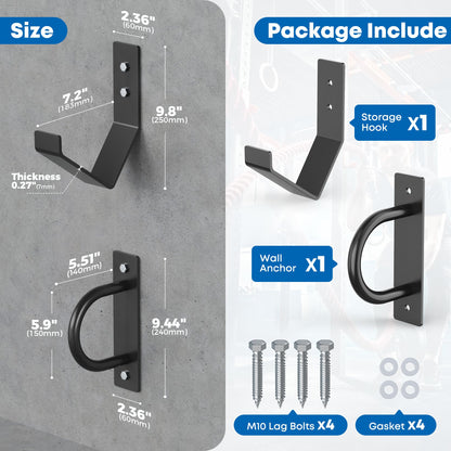 Battle Rope Wall Mount Kit - Set with 1 Battle Rope Wall Anchor and 1 Storage Hook for 30-50 Feet,1"-2.5" Battle Ropes - Heavy Duty Steel Battle Rope Anchor Wall Mount Kit-Battle Rope Rack Attachment