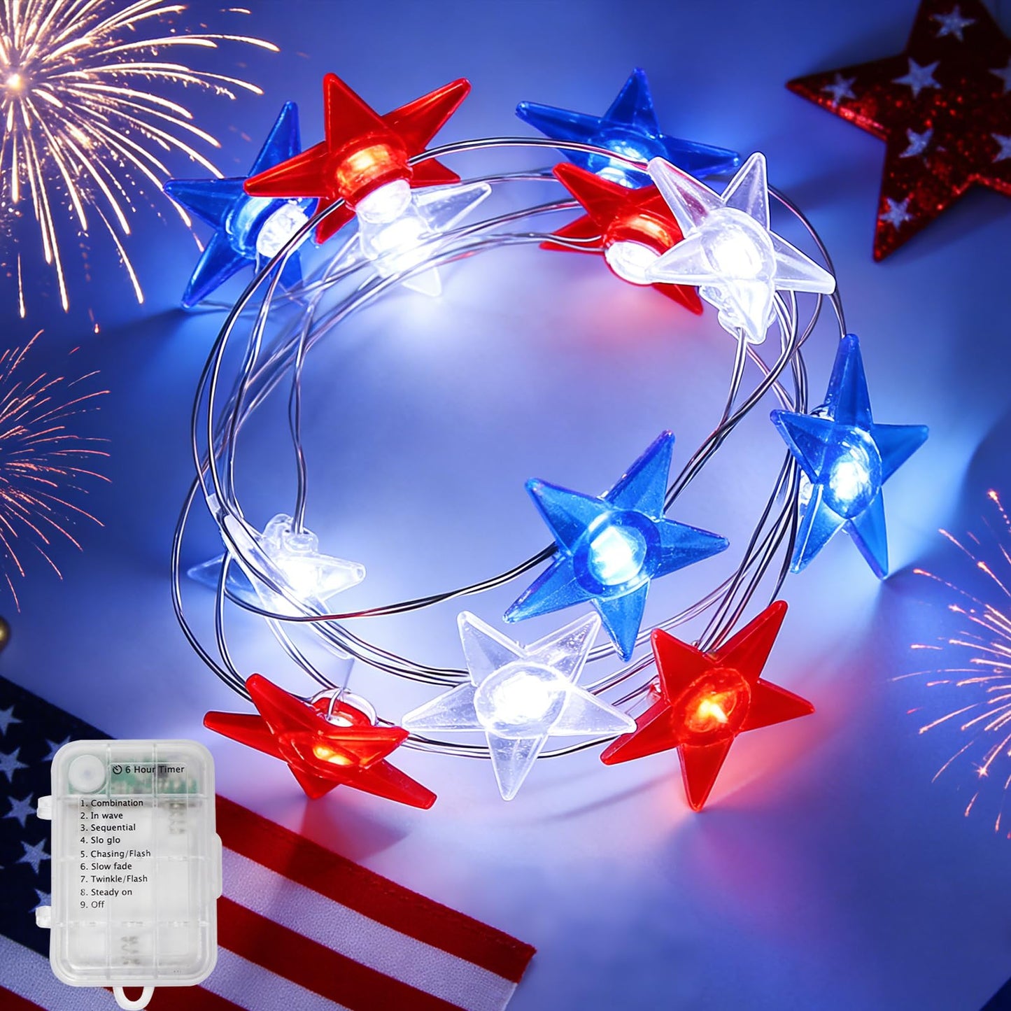TWINGLEHOME 50 LED Patriotic String Lights Star 16FT (5M) with Copper Wire, Waterproof Battery Box, Multifunctional Modes Lighting (Red, Cool White, Blue) for Nation Day