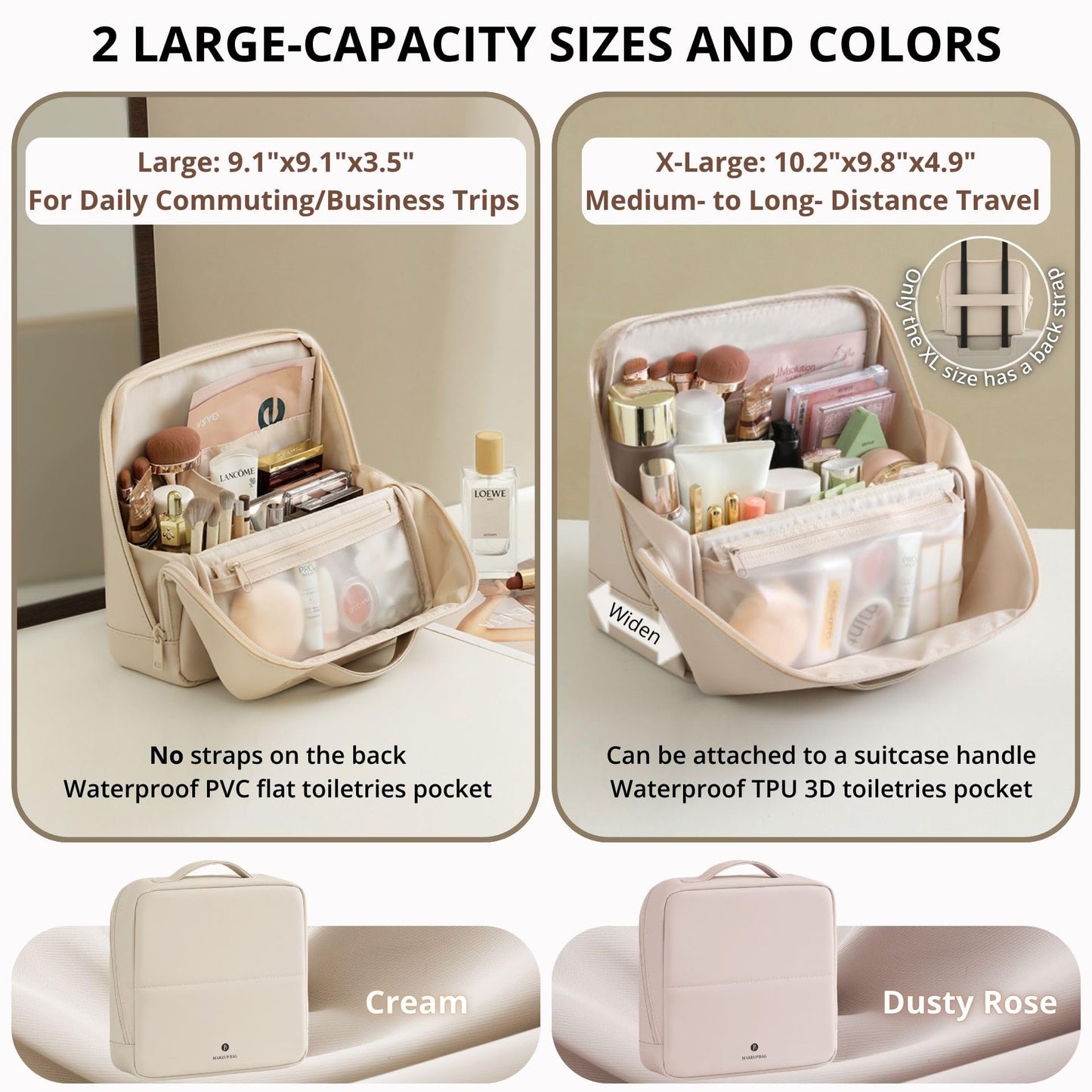 tianzong Travel Makeup Bag with Magnetic Fold-Down Flap, Waterproof Leather Cosmetic and Toiletry Organizer for Women, Multi-Zone Standing Storage, Dusty Rose, Large