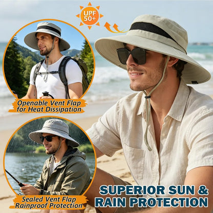 Men's UPF 50+ Waterproof Wide Brim Boonie Hat, Sun & Rain Protection Beige