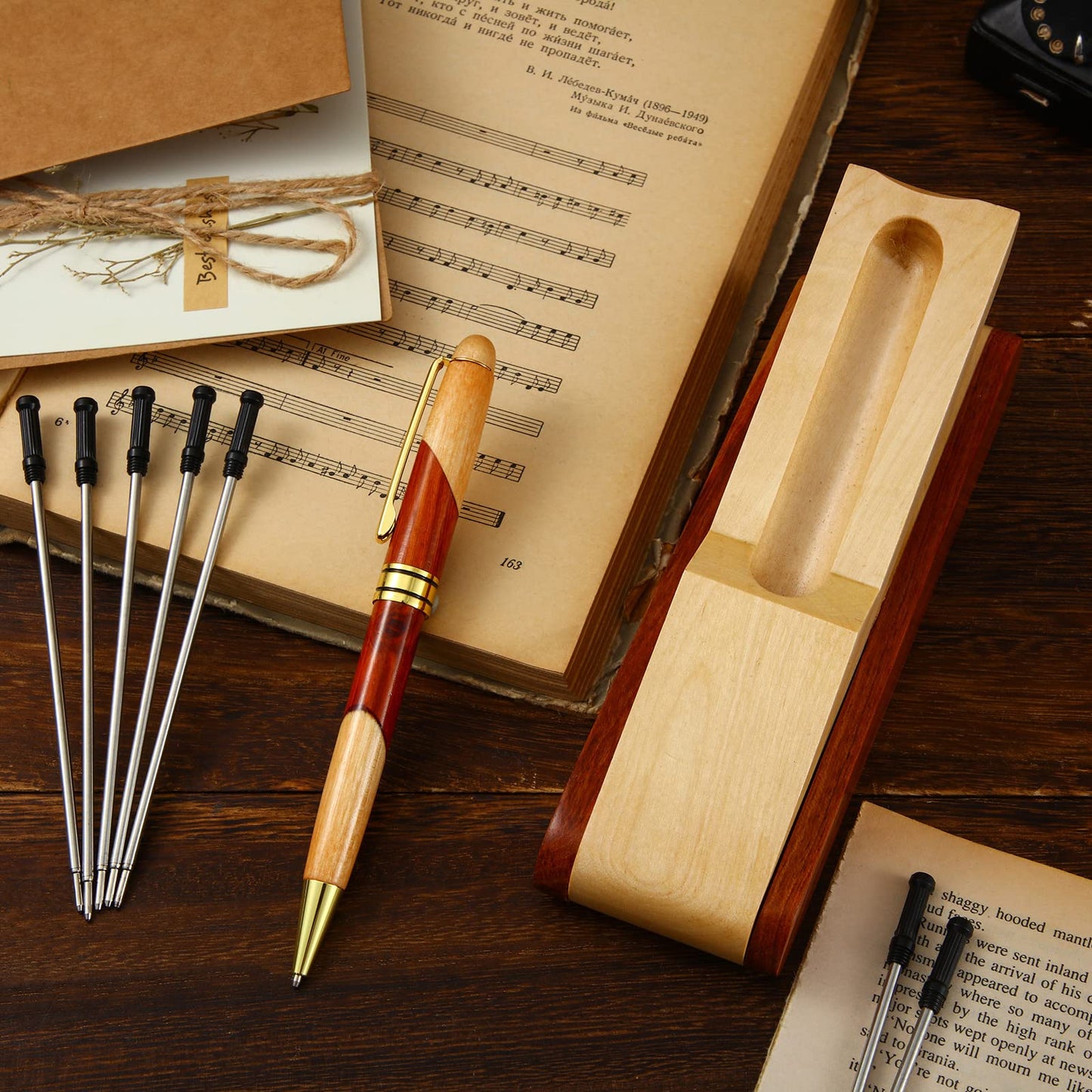 Outus Wooden Ballpoint Pens Employee Appreciation Gifts for Men with Business Pen Case Display, Personalized Handmade Writing Pen with 10 Gel Ink Refills and Box for Business Wood Pens Stand for Men