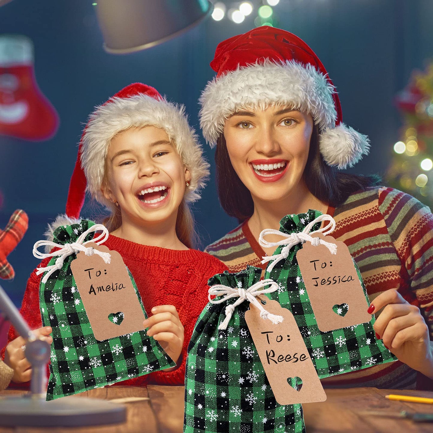 Shappy 48 Pcs Christmas Drawstring Bags Xmas Buffalo Plaid Burlap Candy Bags Linen Treat Sack Holiday Party Favor Christmas Sack Sachet with Cards and Rope(6 x 4 Inch,Black Green)