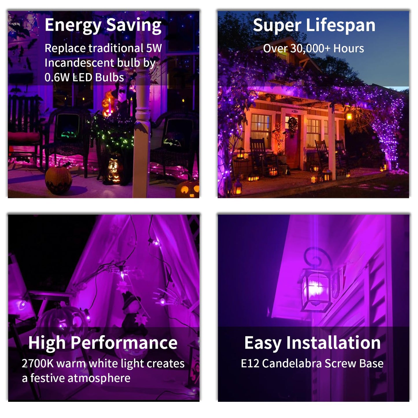 CHYParty 25 Pack C7 Replacement Bulbs, Dark Purple LED Halloween Light Bulbs for Outdoor String Lights, Patio, Christmas Decor, E12 Candelabra Base, Waterproof, Energy-Saving