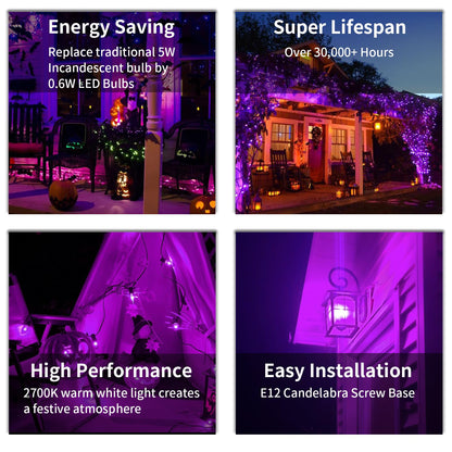 CHYParty 10 Pack C7 Replacement Bulbs, Dark Purple LED Halloween Light Bulbs for Outdoor String Lights, Patio, Christmas Decor, E12 Candelabra Base, Waterproof, Energy-Saving