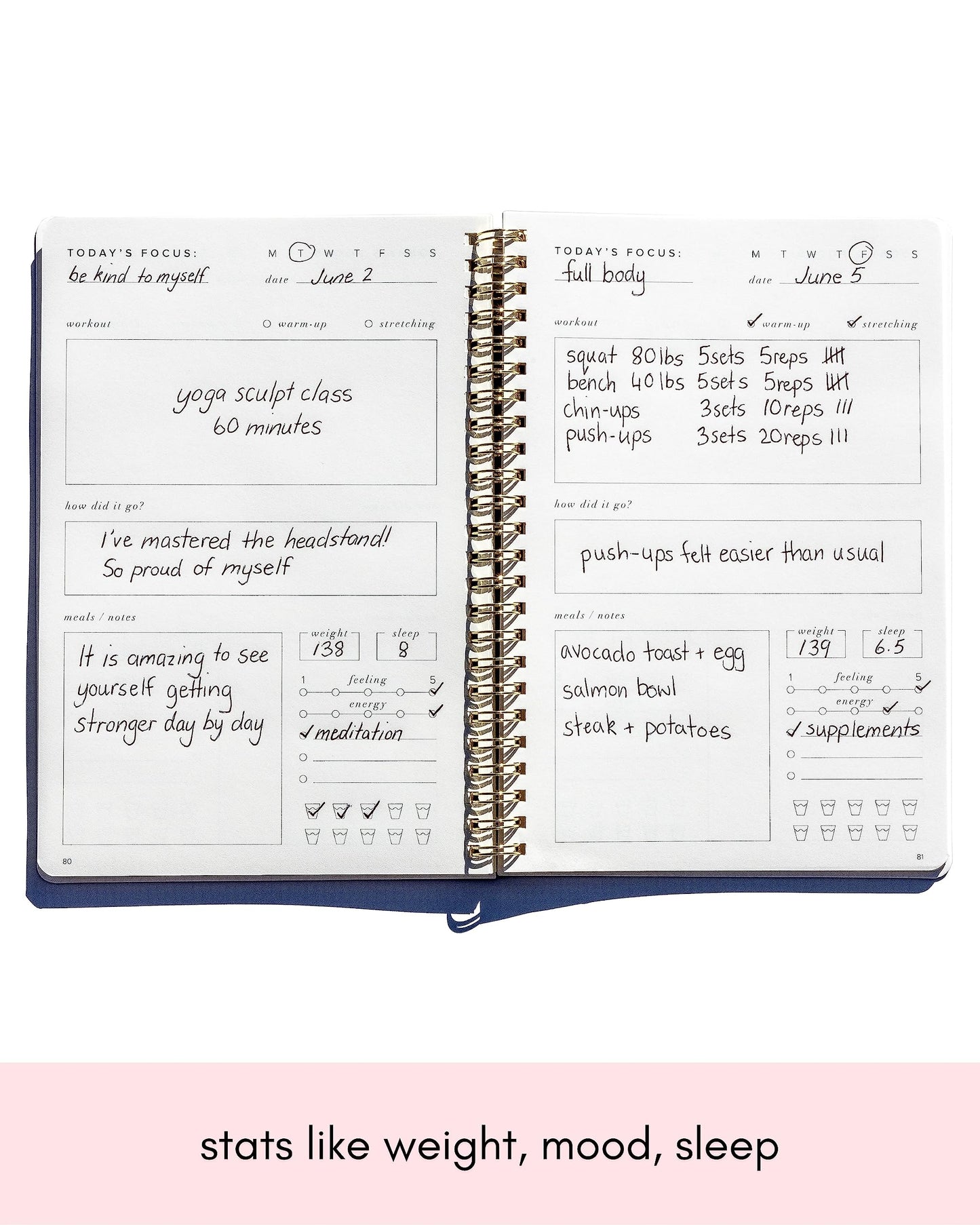 Kunitsa Co. Fitness Journal for Women - Track Workouts, Meals, and Weight Loss, Undated, Fits 120 Workouts, Dusty Blue, 6 x 8.5 Inches