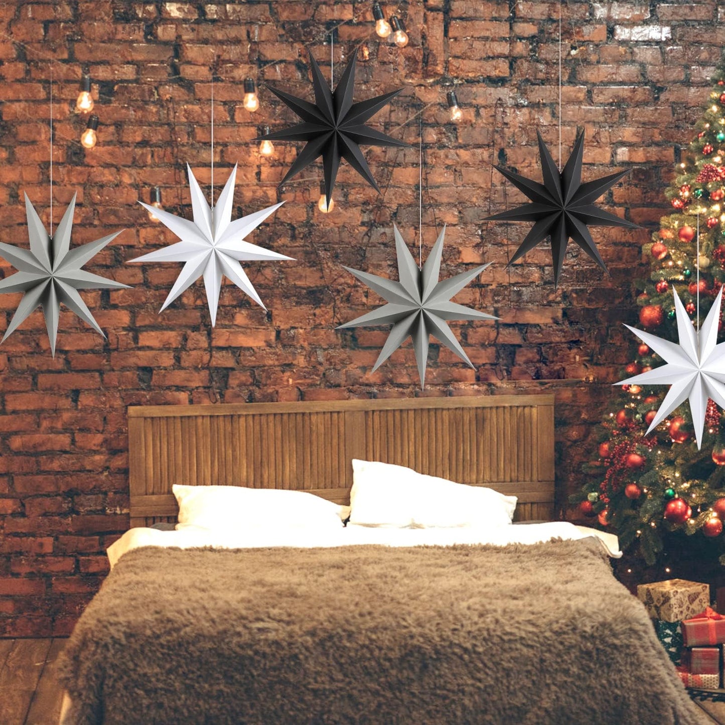 SUNBEAUTY 3 Pcs 9-Pointed Paper Star Lanterns 12 Inch Hanging Lampshade Wedding Birthday Christmas Home New Year Party Decorations