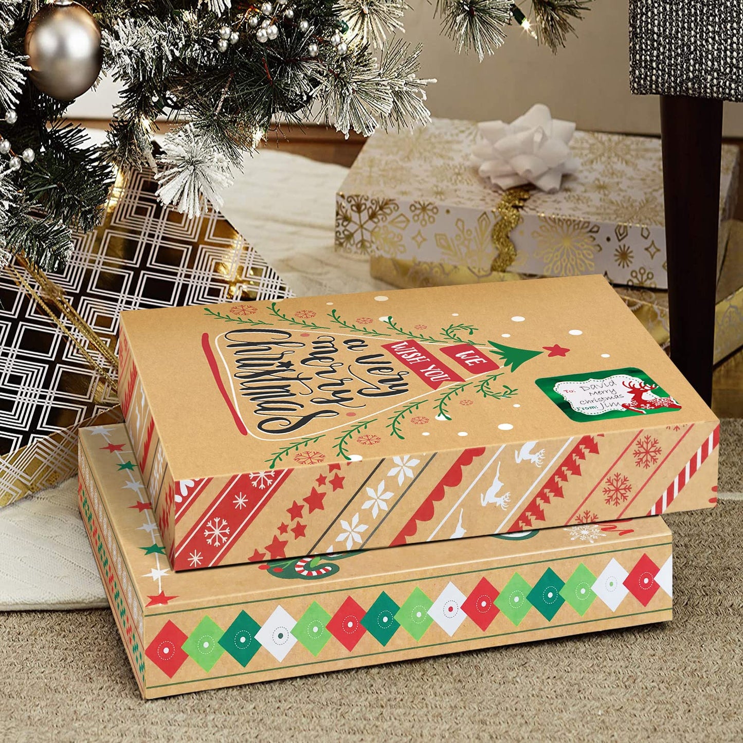 12 Kraft Christmas Gift Boxes with Lids for wrapping Large Clothes and 80 Foil Christmas Gift Stickers (Assorted size for wrapping Robes, Sweater, Coat, Shirts and Clothes xmas Holiday Present)