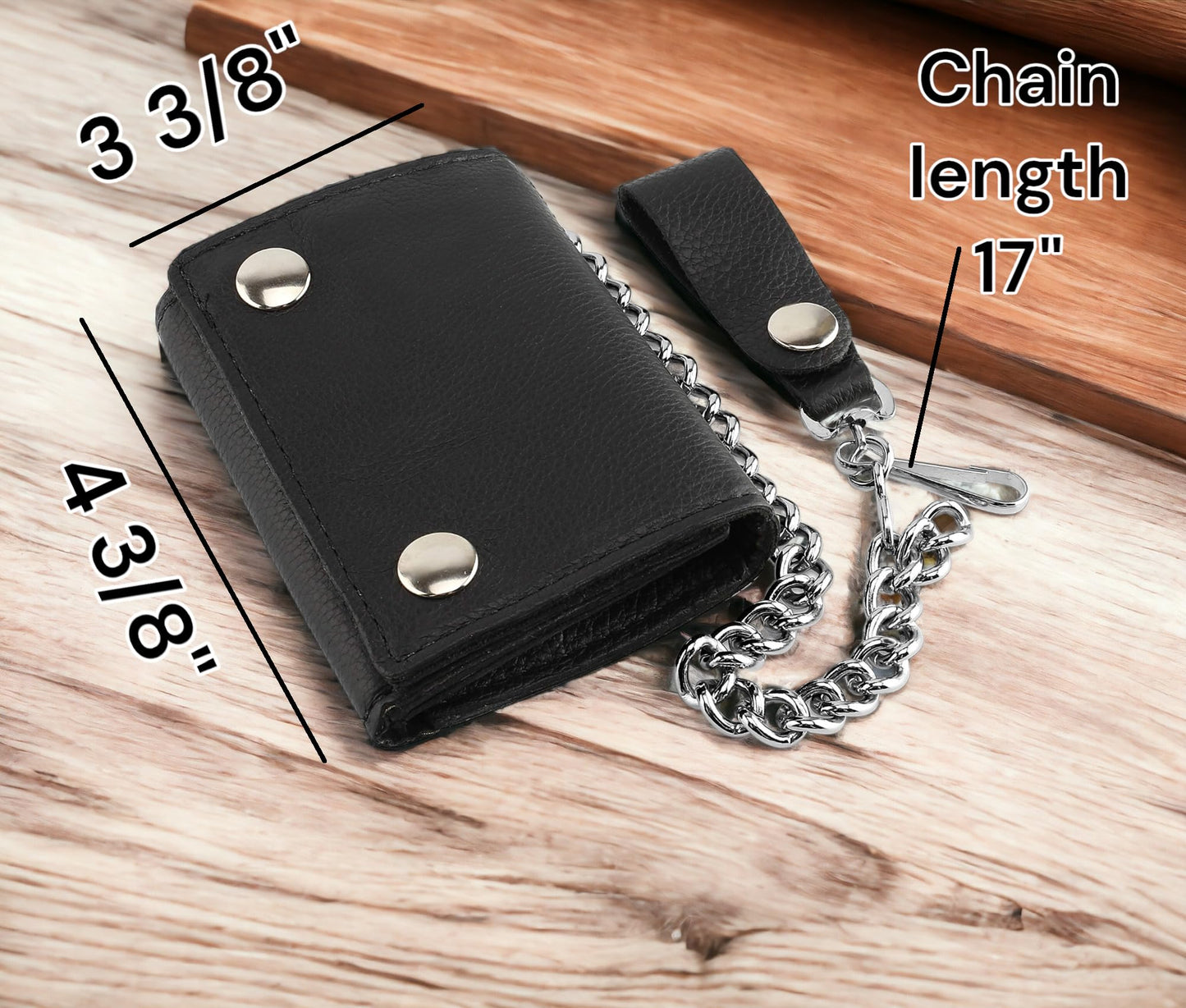 RFID Blocking Men's Tri-fold Vintage Biker Cowhide Leather Steel Chain Wallet,Snap closure, Made In USA,GL315,black