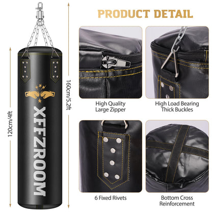 xffzroom Punching Bag for Adults, 4ft PU Leather 6 in 1 Heavy Boxing Bag Set, Punching Bag with 12oz Boxing Gloves, Hand Wraps, Hanging Bag for MMA Karate Kickboxing Muay Thai Boxing Home - Unfilled