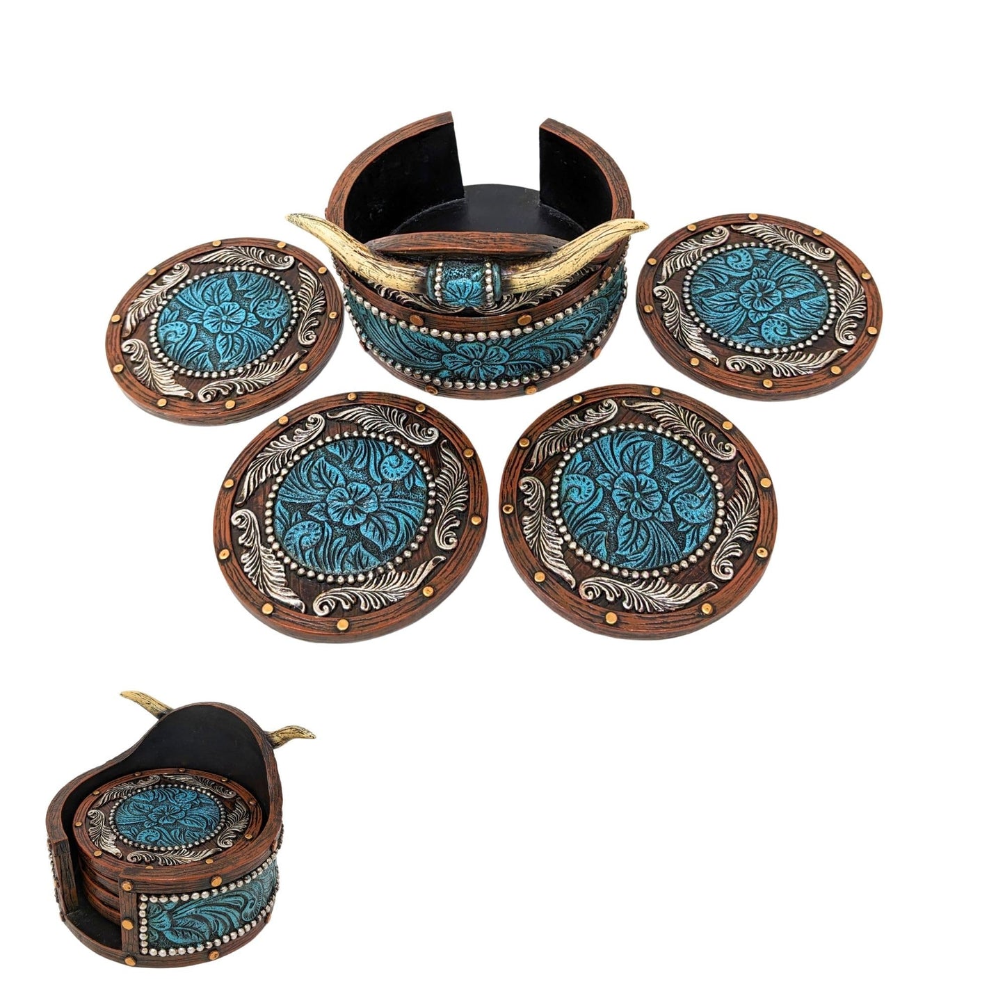 BestGiftEver Rustic Southwestern Coasters Set: Faux Horn & Tooled Leather-Inspired Western Home Decor, Lodge, Cabin - Unique Gift for Cowboy Ranch Theme Enthusiasts