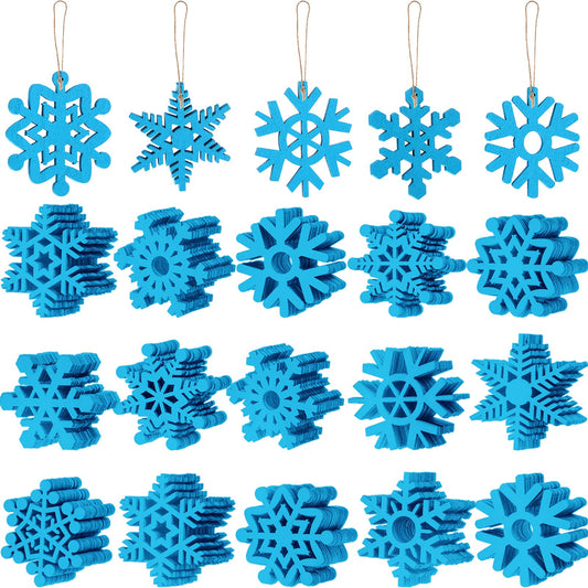 100 Pcs Christmas Unfinished Wooden Snowflake Ornaments Snowflake Hanging Cutouts Blank Wood Slices with Cord Craft Embellishments for Xmas Tree Decorations (Blue,2 Inches)