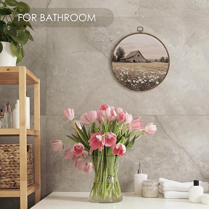 Fewgb Farmhouse Barn Wildflower Round Wall Art Decor Framed, Vintage Country Landscape Canvas Wall Art Prints Picture, Rustic Flower Hanging Room Decor Artwork for Gallery Bedroom Kitchen 10x10