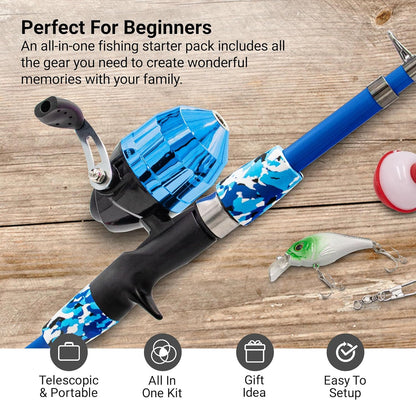 Lanaak Beginner Kids Fishing Pole & Tackle Box - Camo Blue Kids Fishing Rod