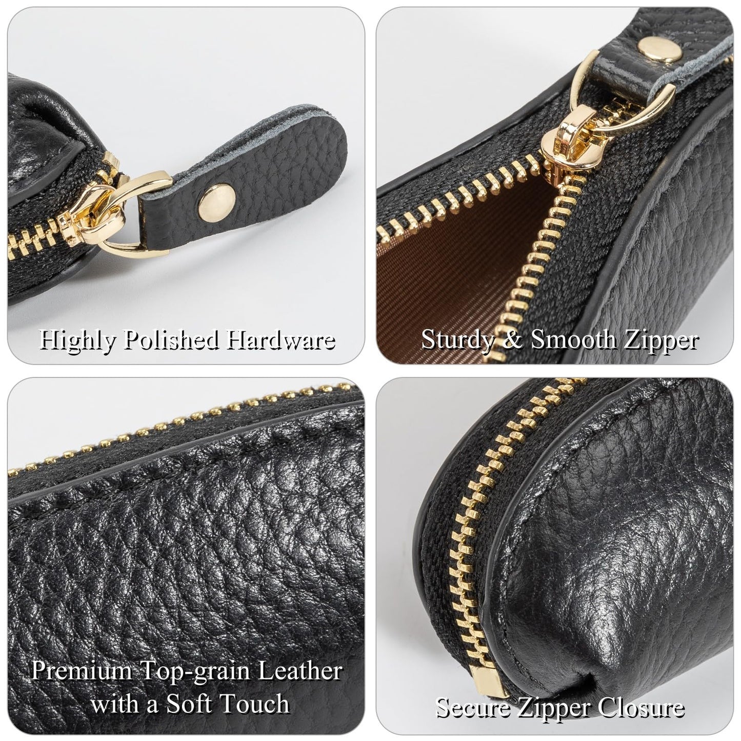 LARENNT Full Grain Leather Coin Pouch - Travel Small Coin Purse with Zipper - Mini Key Pouch Change Purse for Women and Men (Black)