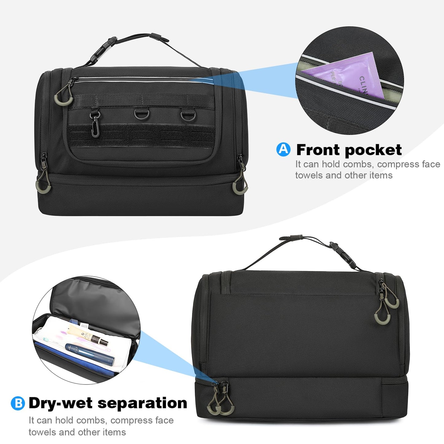 TANGCORLE Toiletry Bag for Men, Handing Travel Toiletry Organizer Protable Water Ressistant Bathroom Shaving Bags for Toiletry Accessories, Travel Essentials, Black(Empty Bag)