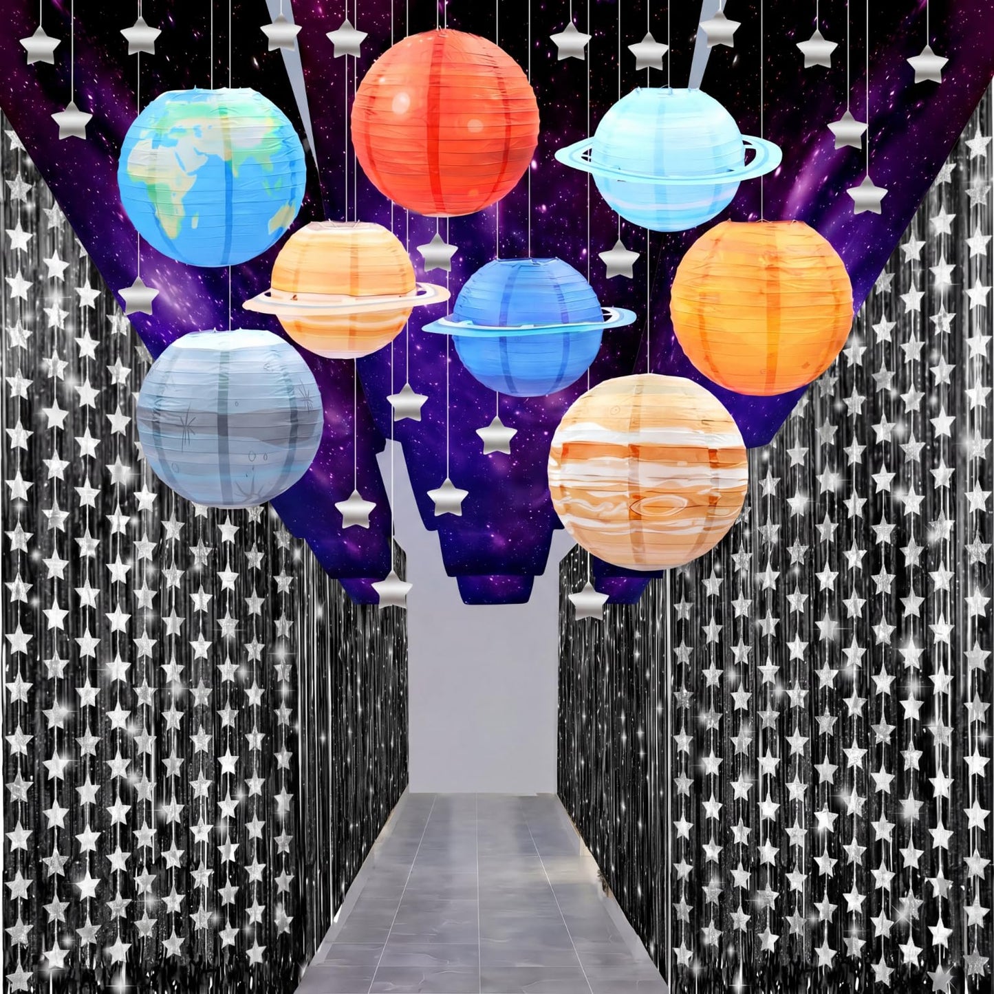 Tingjoo 13 Pcs Space Galaxy Ceiling Decorations for 2026 Vbs Space Themed Classroom Decor 12 x 2 ft Hanging Backdrop, 8 Solar System Lanterns & Star Foil Fringe Curtains Ornament for Party Decorations