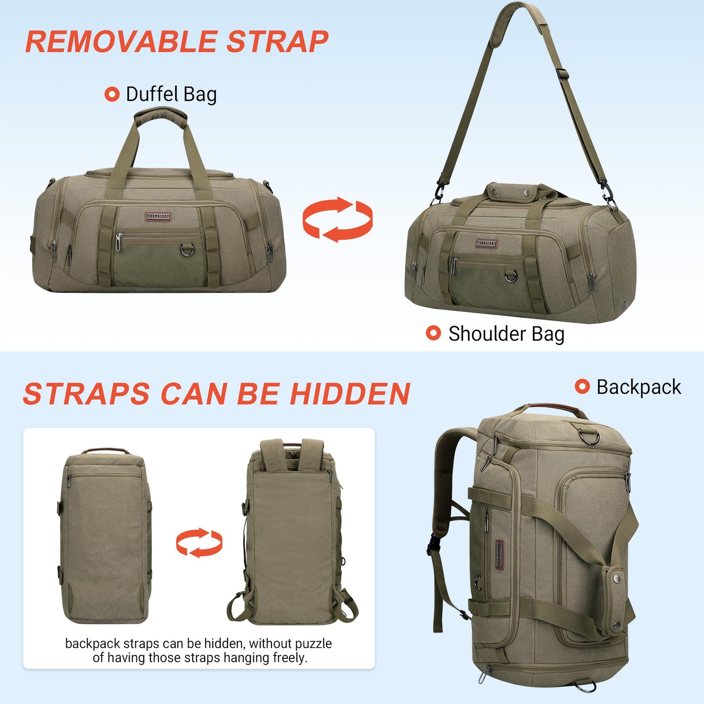 WITZMAN Canvas Duffel Bags for Men Traveling 3 in 1 Backpack Carry-on 40L Weekender Overnight Bag with Shoe Compartment(A8006/2 Army Green)