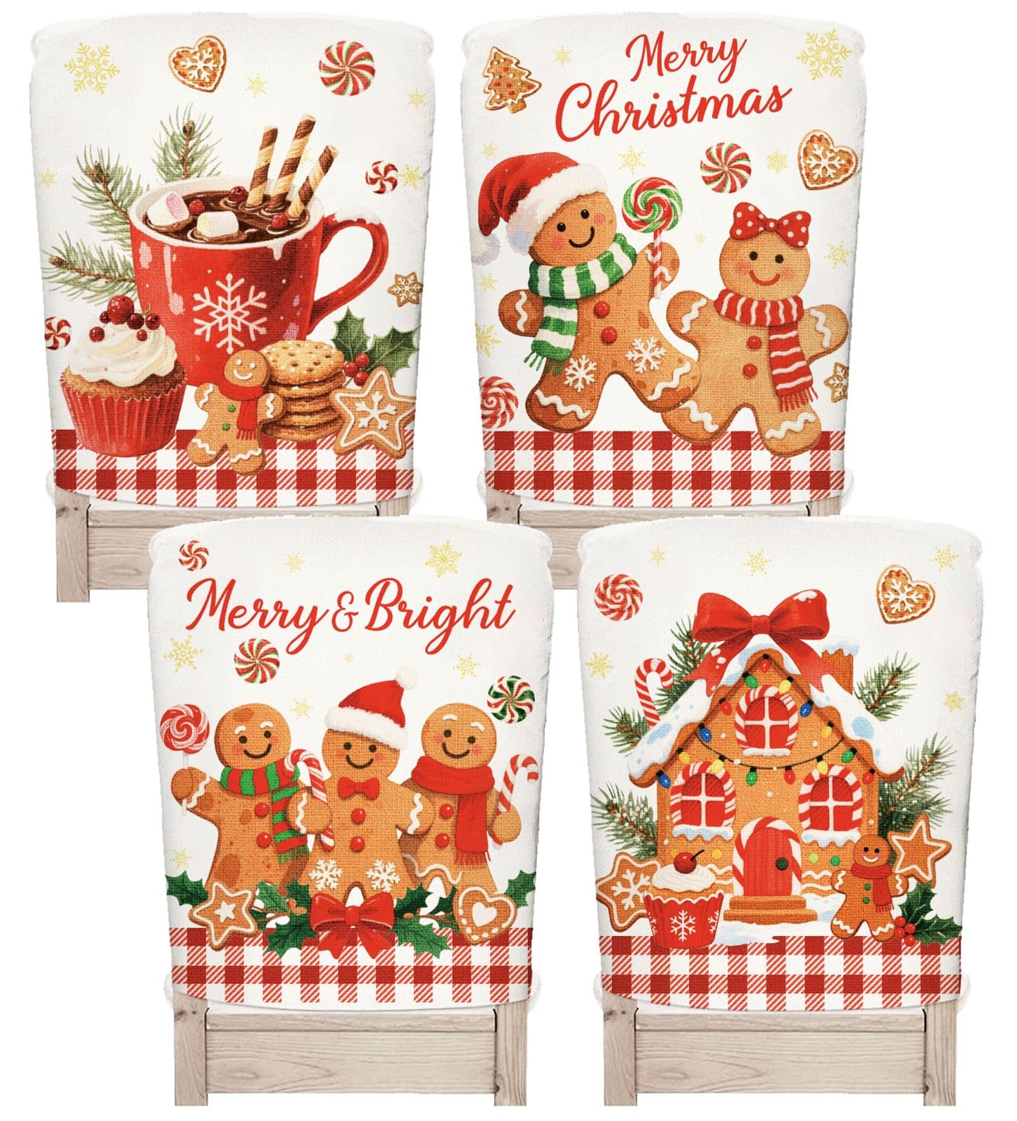 Whaline 4Pcs Christmas Chair Back Cover Red White Plaid Gingerbread Man Candy Cookie Seat Covers Dining Chair Slipcover Protector for Winter Xmas Home Kitchen Decor