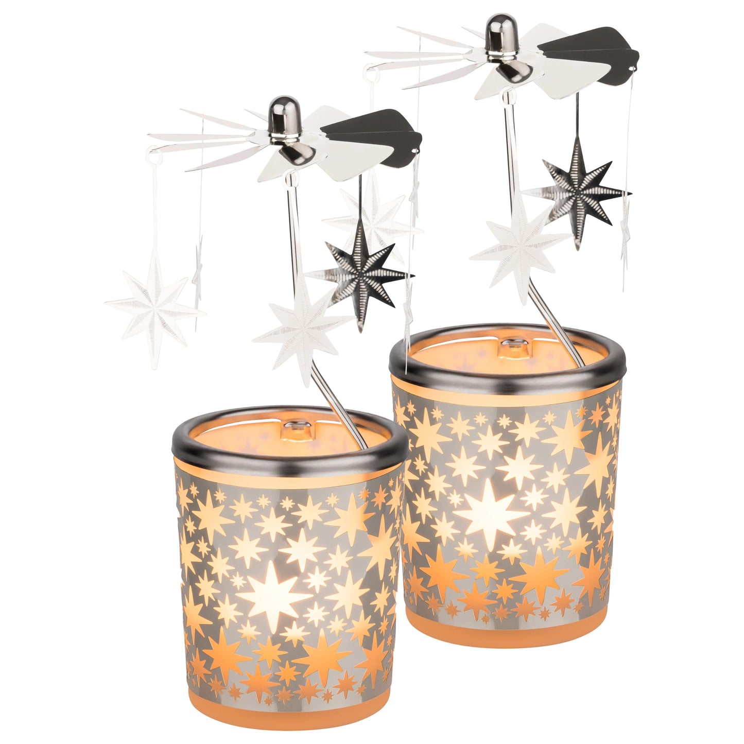 2-Piece Set of Christmas Candle Holders with Spinning Carousel [Star Motif, 5.9 inches Tall] – Festive Glass Tea Light Holders for Holiday & Advent Decoration