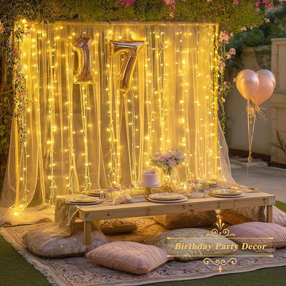 JMEXSUSS 200 LED Curtain Lights Battery Operated & USB Plug in, 8 Modes Warm White Christmas Curtain String Lights for Backdrop Bedroom Classroom Wedding Party Decorations