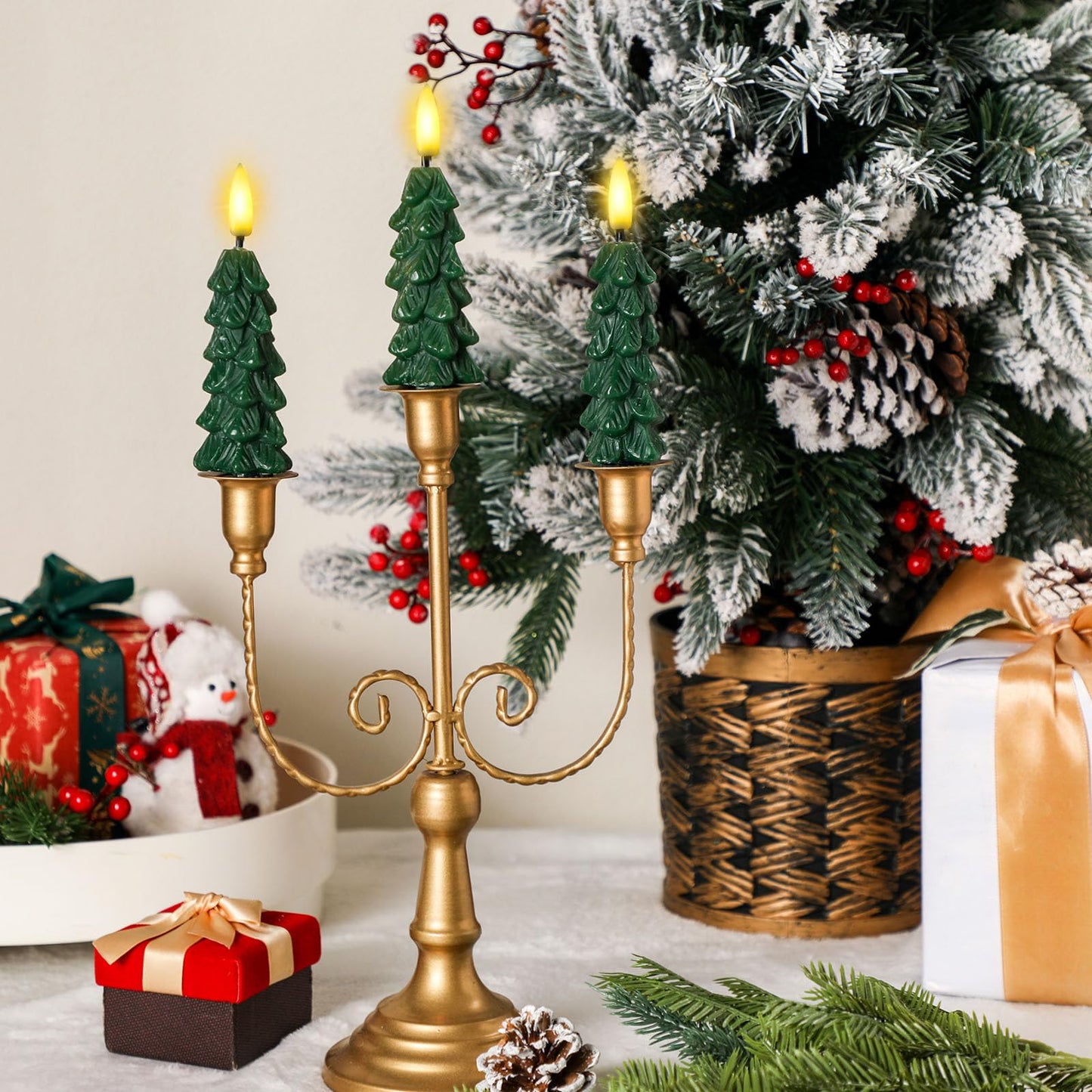 Funtery 6 Pcs Short LED Christmas Tree Flameless Taper Candles - 5 Inches Cute Small Real Wax Battery Operated Green Candlestick Lights with 3D Flame and Remote Timer for Window Fireplace