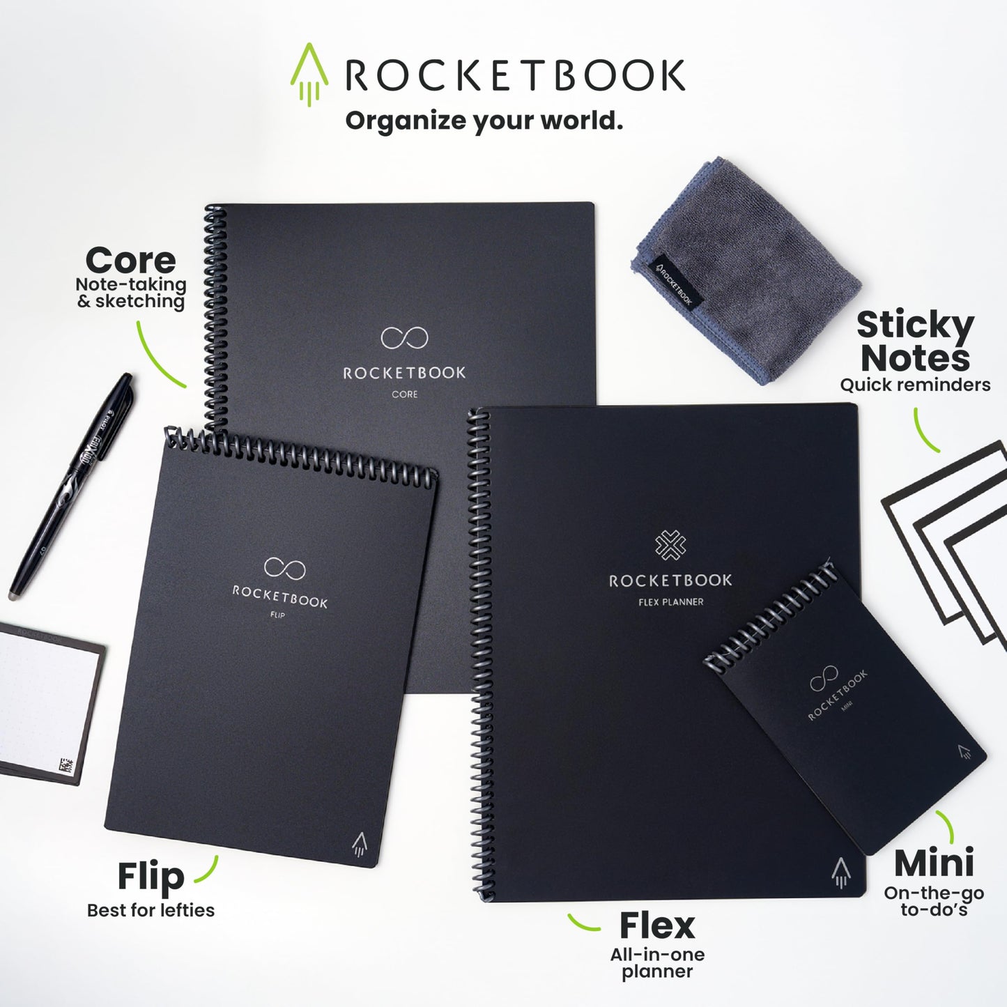 Rocketbook Reusable Sticky Notes Starter Pack, Restick and Reorganize Memo Pads, 3"x3", 15 Black Sticky Notes, Includes Pen, Towel + Carrying Case (Kit of 1)