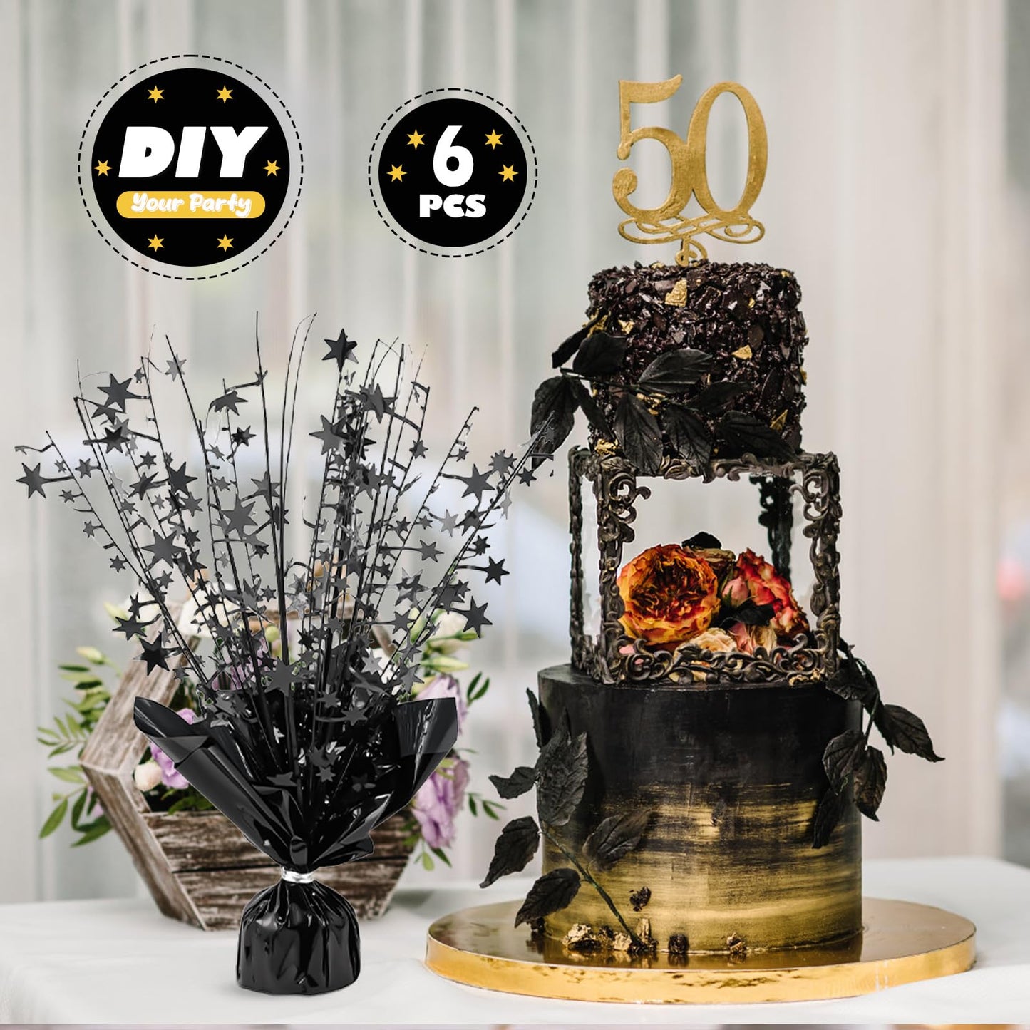 6 Pack Metallic Foil Spray Centerpiece Star Table Decoration Burst Table Centerpieces for Birthday Weddings Anniversaries Christmas New Year Holiday Party Supplies Decor (Black)