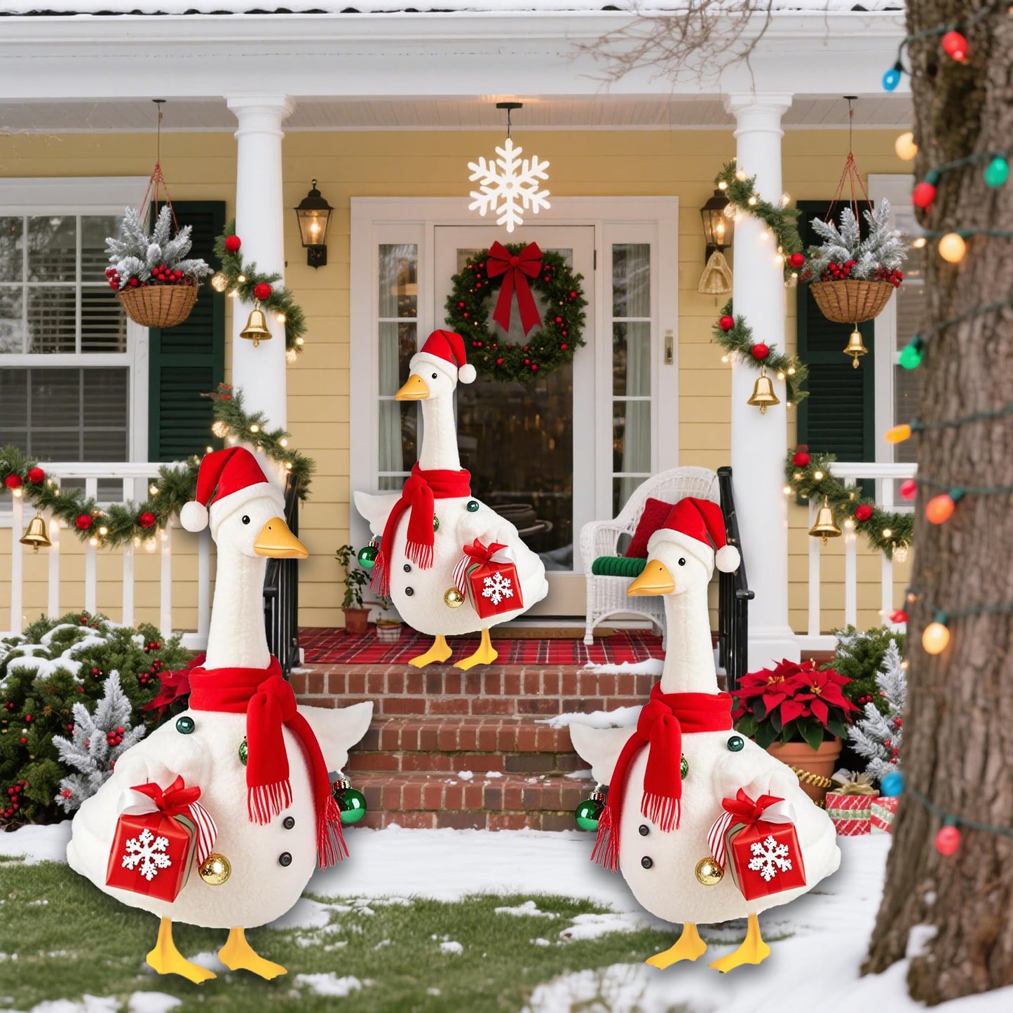 Lodaxu Christmas Snowman Porch Goose Outfits for Large 23" High Cement or Plastic Goose Statue, Yard Goose Cloths with Christmas Hat and Snowflake Gift Box Decor for Outdoor Lawn Gaden Patio