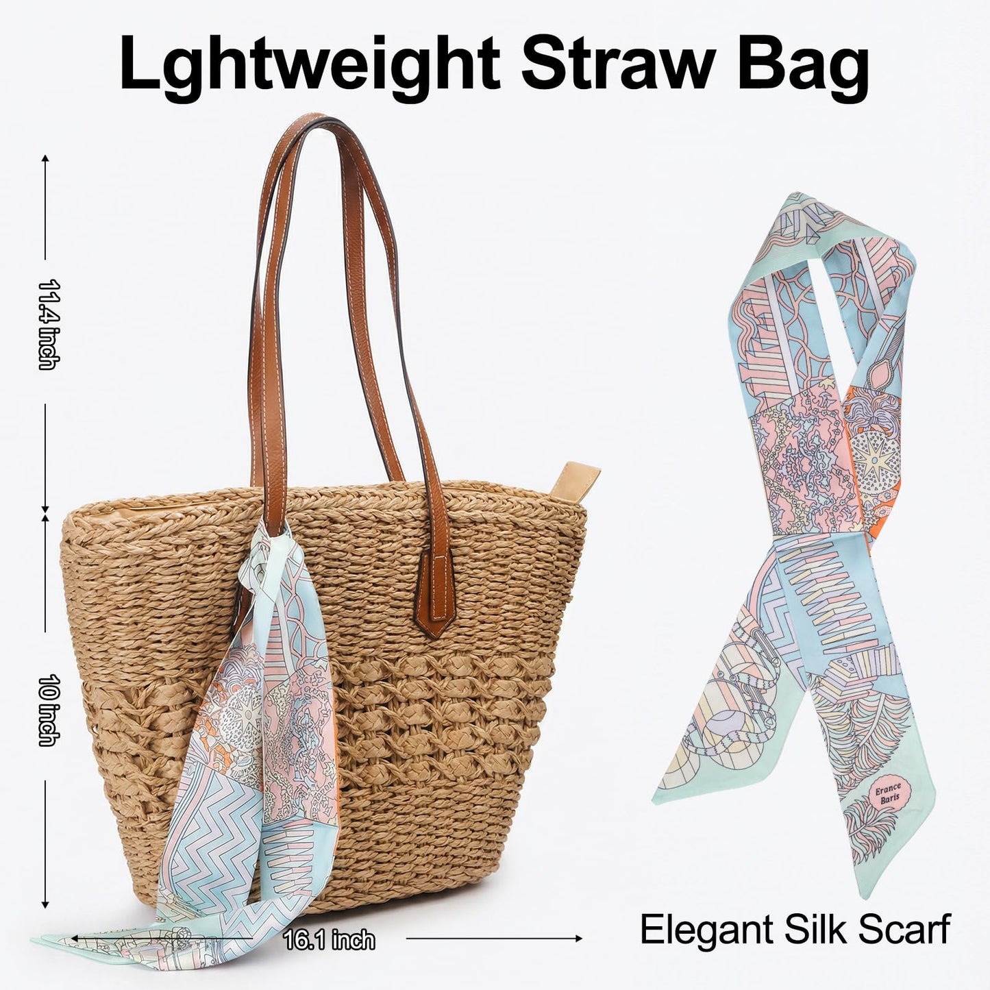 Aodse Beach Bags for Women, Summer Straw Beach Bag with Zipper Pocket, Durable Straw Tote Bag Shoulder Handbags for Beach, Travel, Vacation, Shopping （Khaki）