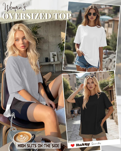 Huukeay 3 Pack Women's Oversized Gym T Shirts Short Sleeve Side Split Crewneck Tops Casual Summer Workout Baggy Basic Tee(Black, White, Gray,L)