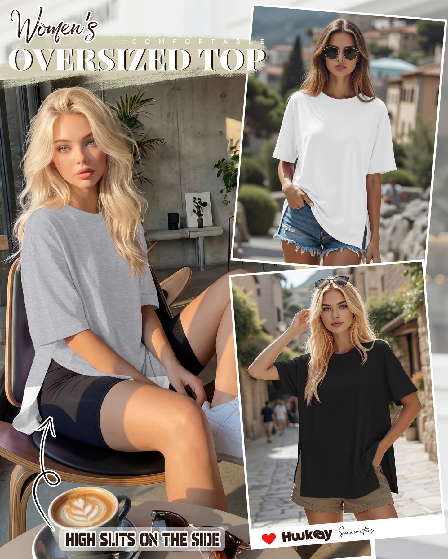 Huukeay 3 Pack Women's Oversized Workout T Shirts Short Sleeve Loose Fit Gym Tops Crewneck Casual Summer Basic Tees(L,Black, White, Gray)