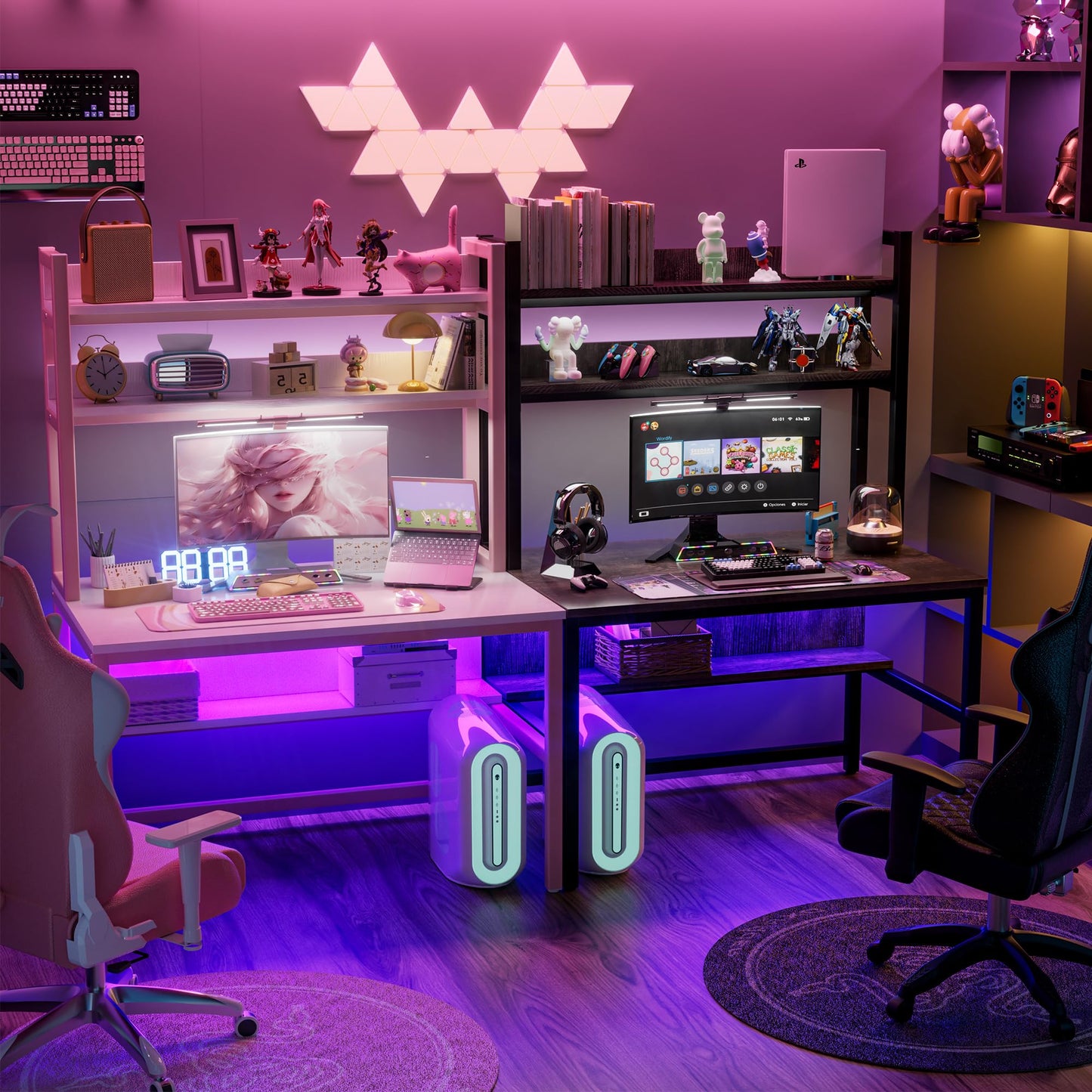 Aquzee Pink Desk Hutch, 47in Woman Computer Desk with Bookshelf & Storage Shelves, Space Saving Girls Writing Study Craft Table for Bedroom Kids Room, White Wood & Pink Iron Home Office Desks