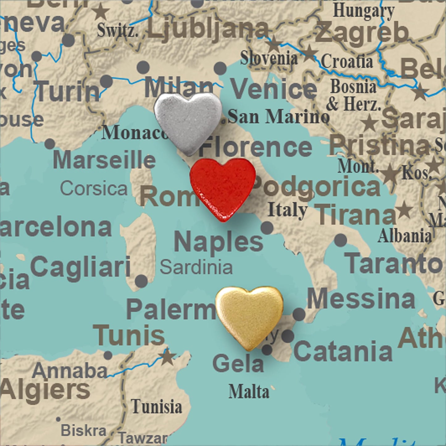 Mini Gold Heart Push Pins - Mini Gold Metal Heart Map Pins - for Cork Board, Maps, or Lapel Pin Use - Designed in USA - Set of 10