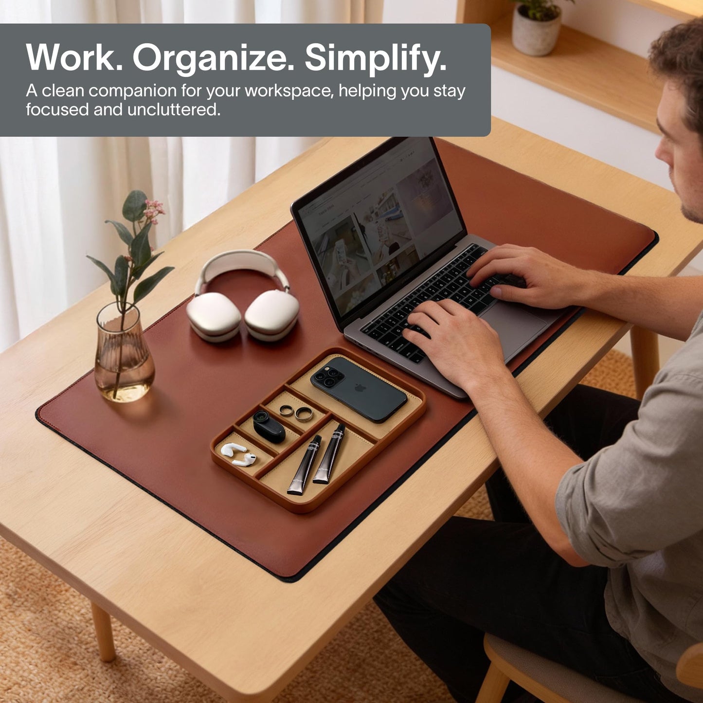 Nordik Leather Valet Tray - Sand Brown - 11.8x7.9 Inch Large Vegan Leather Tray - Stylish Nightstand Organizer for Men - Modern Bedside Caddy - EDC Catchall for Key Watch Wallet Jewellery
