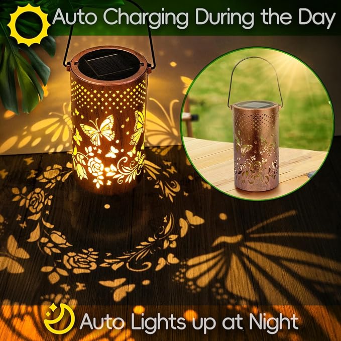Boho Solar Lanterns Outdoor 2 Pack - Birthday Gifts for Mom Grandma Metal Hanging Solar Powered Unique Garden Decorative LED Lights for Outside Yard Patio Lawn Porch Decor (Butterfly 2 Pack)