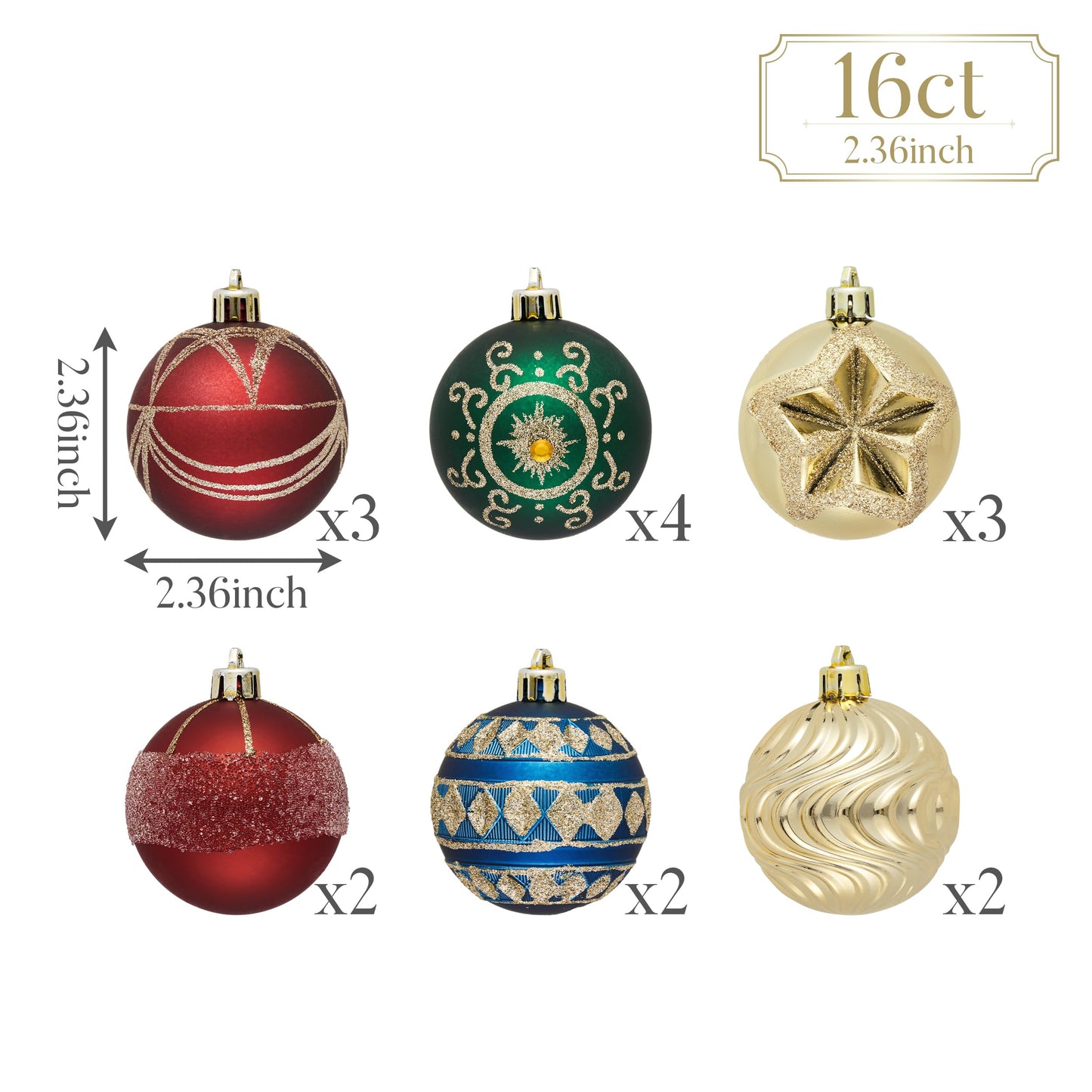 Valery Madelyn Ornaments for Christmas Tree Decorations, 16ct 2.36 Inches Red Green Blue and Gold Shatterproof Christmas Ornaments Set Bulk, Luxury Hanging Decor for Xmas Party Holiday