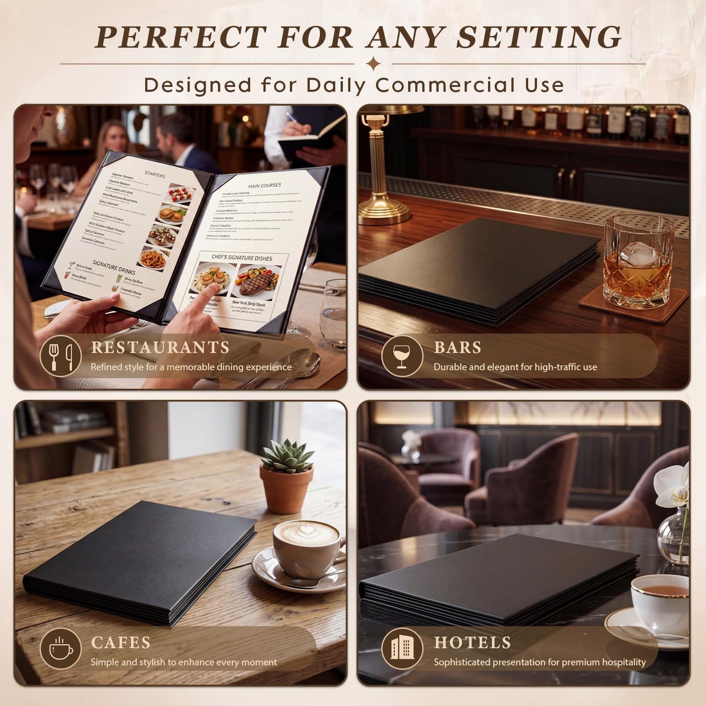 Durable PU Leather Material: PU Leather Resists Scratches, Stains, and wear, Keeping menus Looking Professional and Clean in Busy Restaurants, cafes, and Bars