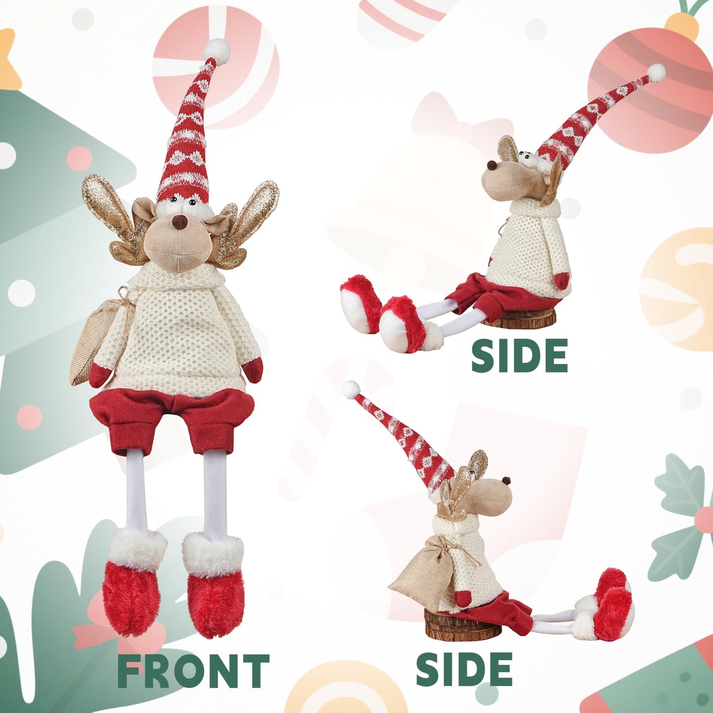 Dedrian11 Christmas Sitting Reindeer Shelf Sitter Decor, 24 Inch Plush Figurine with Dangling Legs, Poseable Arms, Weighted Bottom, Mantel Fireplace/Tabletop Holiday Decoration, Indoor