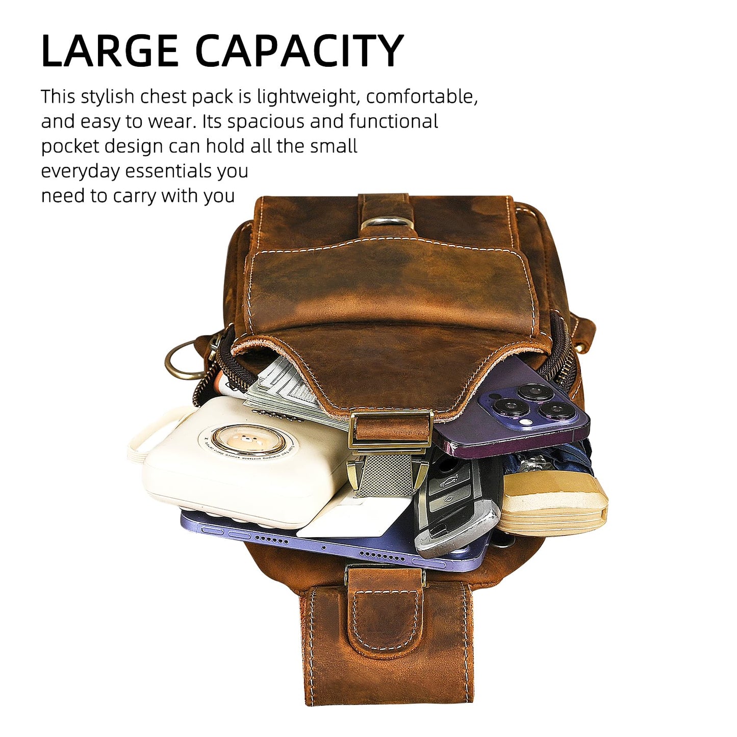 Handadsume Genuine Leather Hiking Travel DayPack Sling Crossbody Triangle Chest Pack Bag For Men Women 8241 (Coffee 258204)