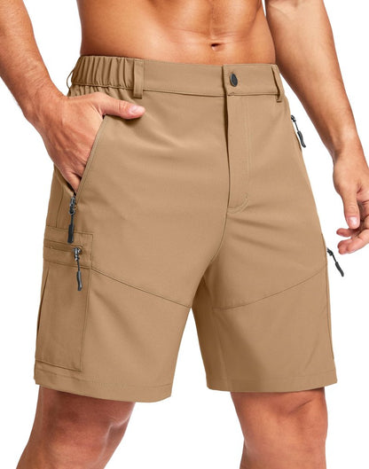 Pudolla Men's Hiking Cargo Shorts Lightweight 7" Travel Casual Shorts for Men Golf Work Outdoor with 5 Zipper Pockets(Dark Khaki Small)