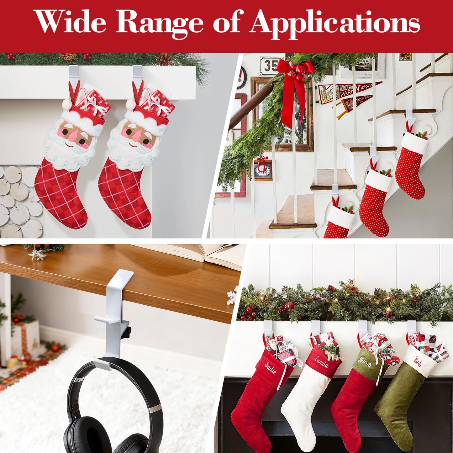 ANOEPUY 4 Pack Stocking Holders for Mantle for Christmas Decorations,2 in 1 Mantle Garland Holder for Hanging Christmas Stockings,No Drilling Required & Adjustable Garland Hanger, Metal(White)