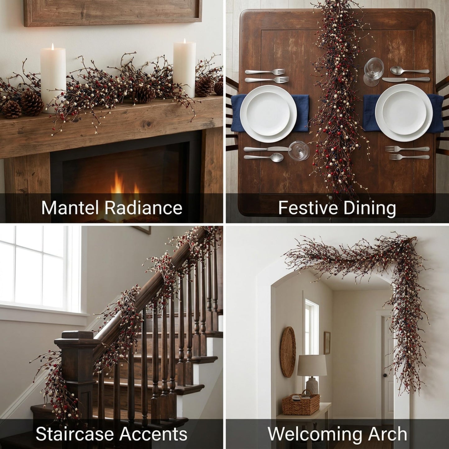 Quixem 5FT (60 in) Patriotic Red White & Blue Pip Berry Garland for Mantel & Table Decor, Americana Farmhouse Decor for 4th of July & Memorial Day, Rustic Flexible Wired Vine, Precise Length