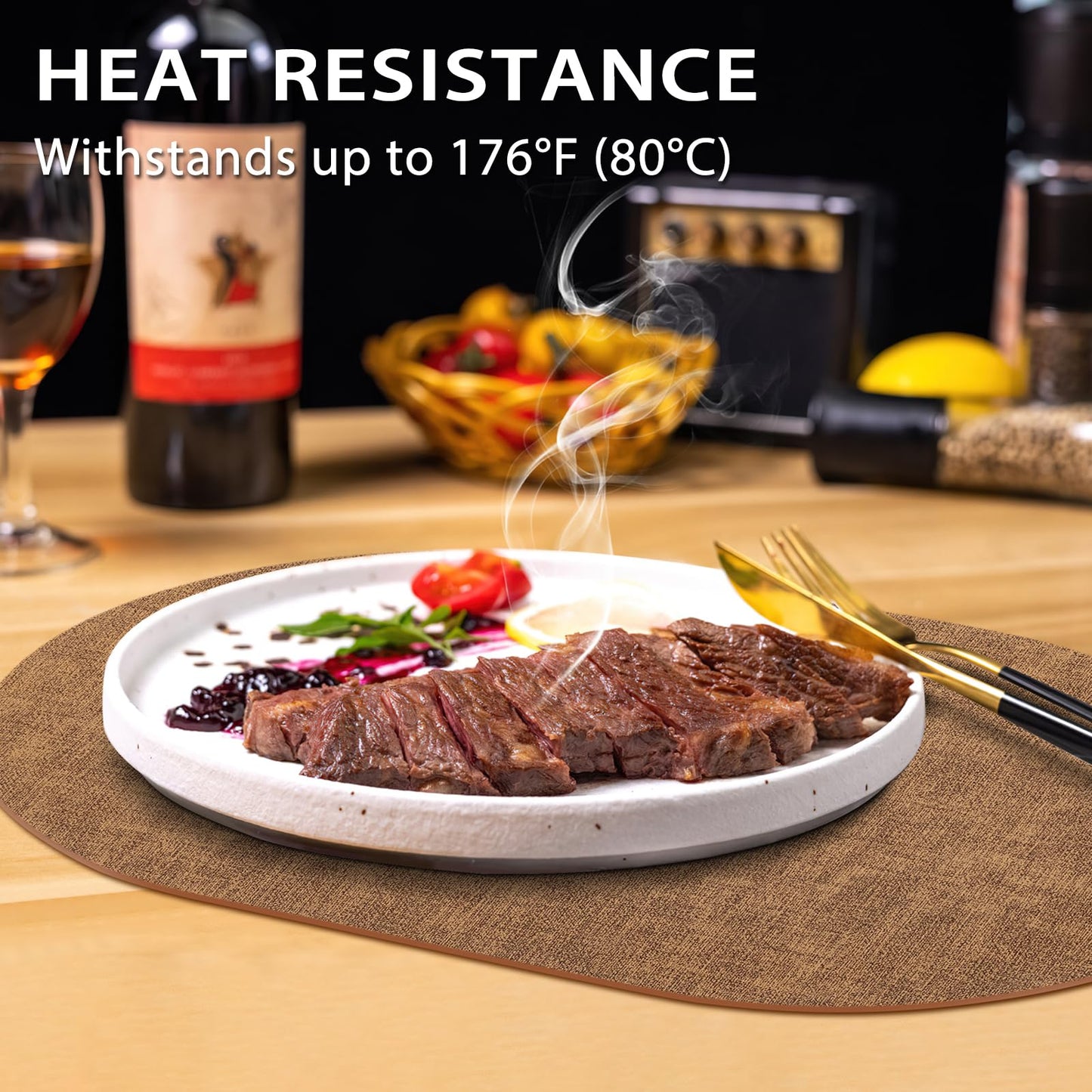 BARTHKIT Placemats Set of 6 - Washable Heat Resistant Table Placemats - Wipeable Faux Leather Oval Place Mats, Waterproof Table Mats for Dining Table, Brown