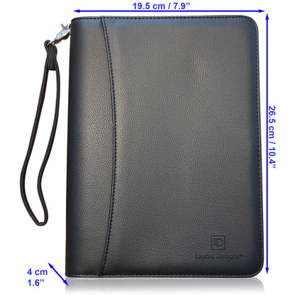 Zippered Portfolio Binder with Junior Legal 5x8 Notepad - Matt Black PU Faux Leather Business Padfolio Organizer Folder with 8 Inch Tablet Sleeve & Gift Box by Lautus Designs